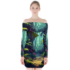 Rainforest Jungle Cartoon Animation Background Long Sleeve Off Shoulder Dress