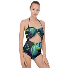 Rainforest Jungle Cartoon Animation Background Scallop Top Cut Out Swimsuit