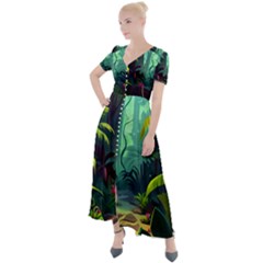 Rainforest Jungle Cartoon Animation Background Button Up Short Sleeve Maxi Dress