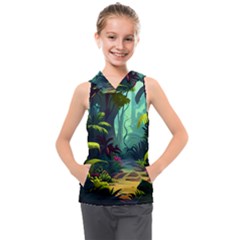 Rainforest Jungle Cartoon Animation Background Kids  Sleeveless Hoodie by Ravend