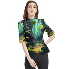 Rainforest Jungle Cartoon Animation Background Frill Neck Blouse