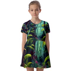 Rainforest Jungle Cartoon Animation Background Kids  Short Sleeve Pinafore Style Dress by Ravend