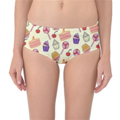 Happy Birthday Cupcake Pattern Lollipop Flat Design Mid-waist Bikini Bottoms by Ravend