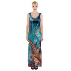 Feather Fractal Artistic Design Conceptual Thigh Split Maxi Dress