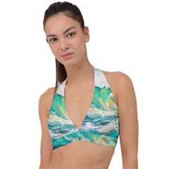 Ai Generated Waves Ocean Sea Tsunami Nautical Art Halter Plunge Bikini Top