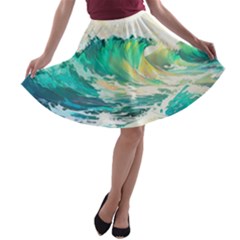 Ai Generated Waves Ocean Sea Tsunami Nautical Art A-line Skater Skirt by Ravend