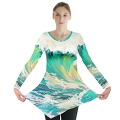 Ai Generated Waves Ocean Sea Tsunami Nautical Art Long Sleeve Tunic 