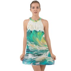 Ai Generated Waves Ocean Sea Tsunami Nautical Art Halter Tie Back Chiffon Dress