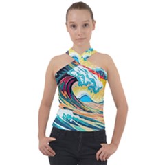 Ai Generated Waves Ocean Sea Tsunami Nautical Arts Cross Neck Velour Top