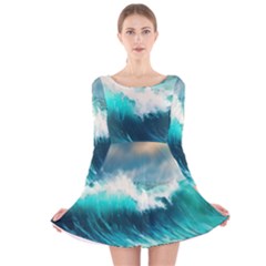 Ai Generated Waves Ocean Sea Tsunami Nautical Painting Long Sleeve Velvet Skater Dress