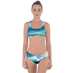 Ai Generated Waves Ocean Sea Tsunami Nautical Painting Criss Cross Bikini Set