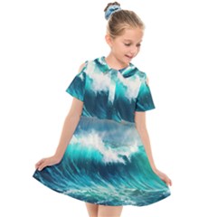 Ai Generated Waves Ocean Sea Tsunami Nautical Painting Kids  Short Sleeve Shirt Dress by Ravend