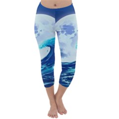 Ai Generated Waves Ocean Sea Tsunami Nautical Blue Capri Winter Leggings 