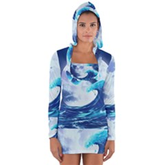 Ai Generated Waves Ocean Sea Tsunami Nautical Blue Long Sleeve Hooded T-shirt by Ravend