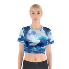 Ai Generated Waves Ocean Sea Tsunami Nautical Blue Cotton Crop Top