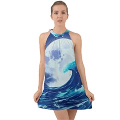 Ai Generated Waves Ocean Sea Tsunami Nautical Blue Halter Tie Back Chiffon Dress