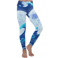 Ai Generated Waves Ocean Sea Tsunami Nautical Blue Kids  Lightweight Velour Classic Yoga Leggings