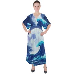 Ai Generated Waves Ocean Sea Tsunami Nautical Blue V-neck Boho Style Maxi Dress by Ravend