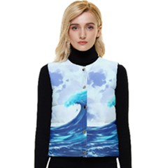 Ai Generated Waves Ocean Sea Tsunami Nautical Blue Women s Short Button Up Puffer Vest