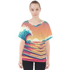 Ai Generated Waves Ocean Sea Tsunami Nautical Art Nature V-neck Dolman Drape Top