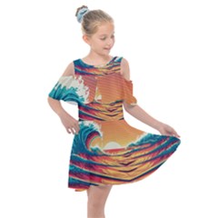 Ai Generated Waves Ocean Sea Tsunami Nautical Art Nature Kids  Shoulder Cutout Chiffon Dress