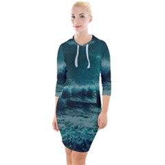 Ai Generated Waves Ocean Sea Tsunami Nautical Blue Sea Art Quarter Sleeve Hood Bodycon Dress by Ravend