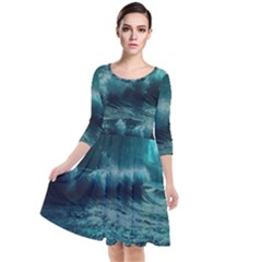 Ai Generated Waves Ocean Sea Tsunami Nautical Blue Sea Art Quarter Sleeve Waist Band Dress