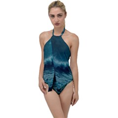 Ai Generated Waves Ocean Sea Tsunami Nautical Blue Sea Art Go With The Flow One Piece Swimsuit by Ravend