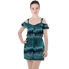 Ai Generated Waves Ocean Sea Tsunami Nautical Blue Sea Art Ruffle Cut Out Chiffon Playsuit by Ravend