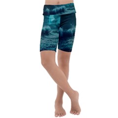 Ai Generated Waves Ocean Sea Tsunami Nautical Blue Sea Art Kids  Lightweight Velour Cropped Yoga Leggings by Ravend