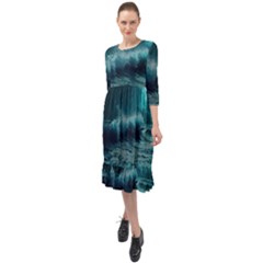 Ai Generated Waves Ocean Sea Tsunami Nautical Blue Sea Art Ruffle End Midi Chiffon Dress