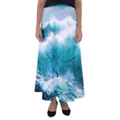 Ai Generated Waves Ocean Sea Tsunami Nautical Blue Sea Flared Maxi Skirt by Ravend