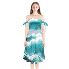 Ai Generated Waves Ocean Sea Tsunami Nautical Blue Sea Shoulder Tie Bardot Midi Dress