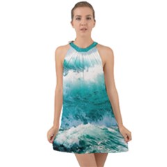 Ai Generated Waves Ocean Sea Tsunami Nautical Blue Sea Halter Tie Back Chiffon Dress