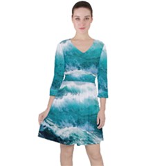 Ai Generated Waves Ocean Sea Tsunami Nautical Blue Sea Quarter Sleeve Ruffle Waist Dress