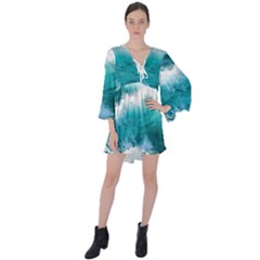 Ai Generated Waves Ocean Sea Tsunami Nautical Blue Sea V-neck Flare Sleeve Mini Dress by Ravend