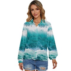 Ai Generated Waves Ocean Sea Tsunami Nautical Blue Sea Women s Long Sleeve Button Down Shirt