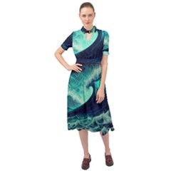 Ai Generated Waves Ocean Sea Tsunami Nautical Fantasy Keyhole Neckline Chiffon Dress by Ravend