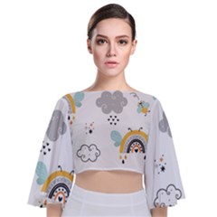 Art Pattern Design Wallpaper Background Print Tie Back Butterfly Sleeve Chiffon Top