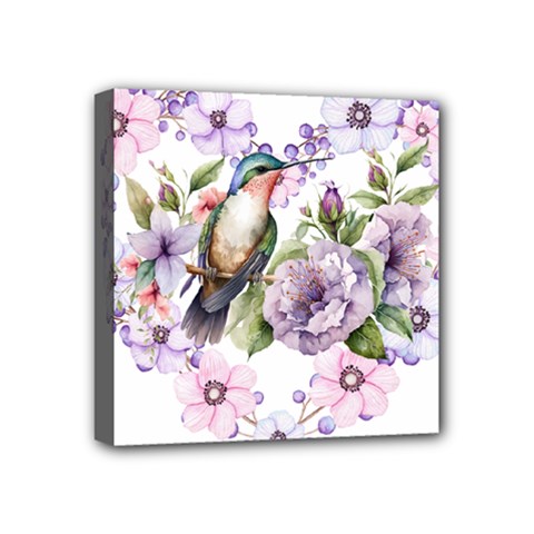 Hummingbird In Floral Heart Mini Canvas 4  X 4  (stretched) by augustinet