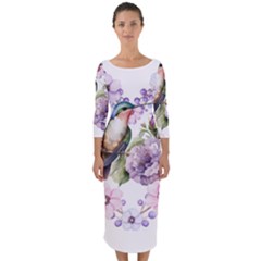 Hummingbird In Floral Heart Quarter Sleeve Midi Bodycon Dress by augustinet