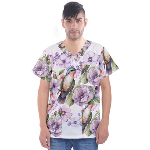 Hummingbird In Floral Heart Men s V-neck Scrub Top by augustinet