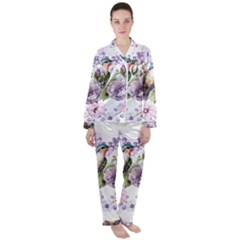 Hummingbird In Floral Heart Women s Long Sleeve Satin Pajamas Set	