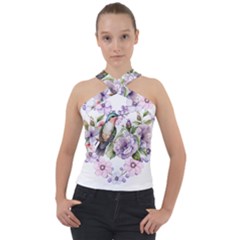 Hummingbird In Floral Heart Cross Neck Velour Top by augustinet
