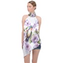 Hummingbird in floral heart Halter Asymmetric Satin Top View1