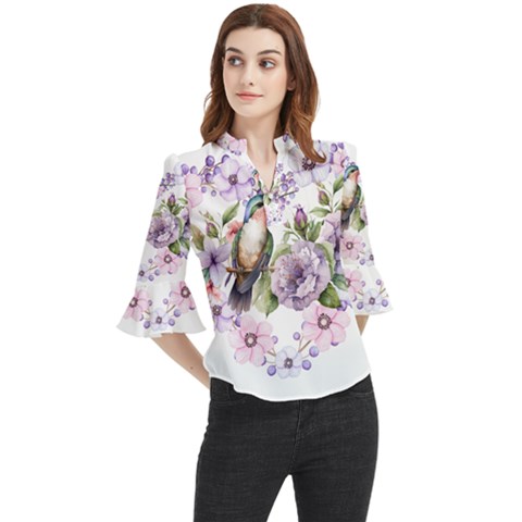 Hummingbird In Floral Heart Loose Horn Sleeve Chiffon Blouse by augustinet