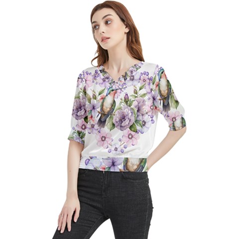 Hummingbird In Floral Heart Quarter Sleeve Blouse by augustinet