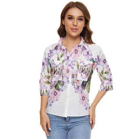 Hummingbird In Floral Heart Women s Quarter Sleeve Pocket Shirt by augustinet