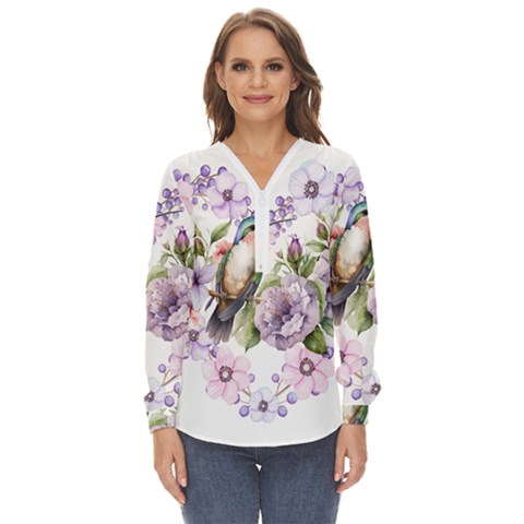 Hummingbird In Floral Heart Zip Up Long Sleeve Blouse by augustinet