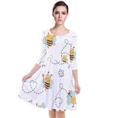 Bee Art Pattern Design Wallpaper Background Print Quarter Sleeve Waist Band Dress